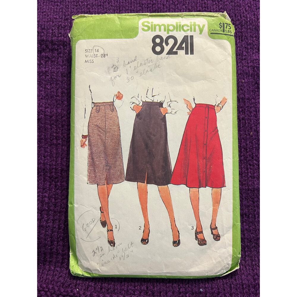 Simplicity 8241 Sewing pattern Aline straight midi skirt pants 1970s size 14